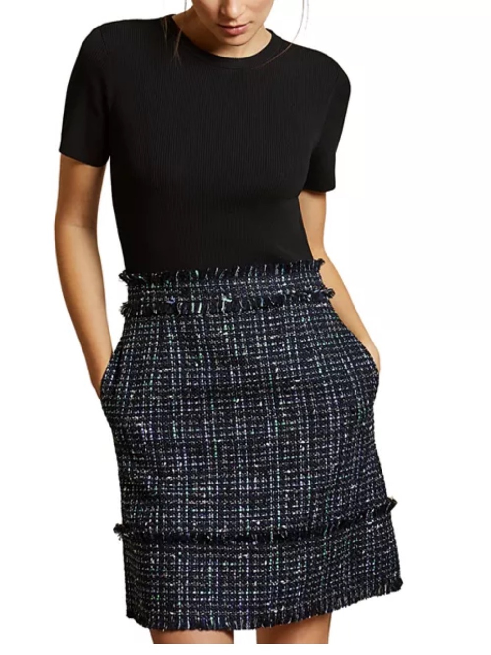 Ted Baker Fearnic Tweed Bouclé Mini Dress Size 1 US 4/S  Blue Fringe $315